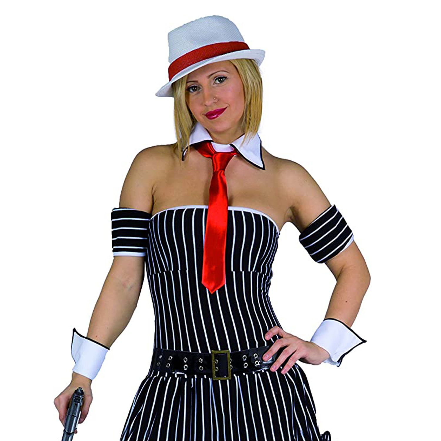 Costume Travestimento Carnevale Gangster Lady Nero Bianco Rosso
