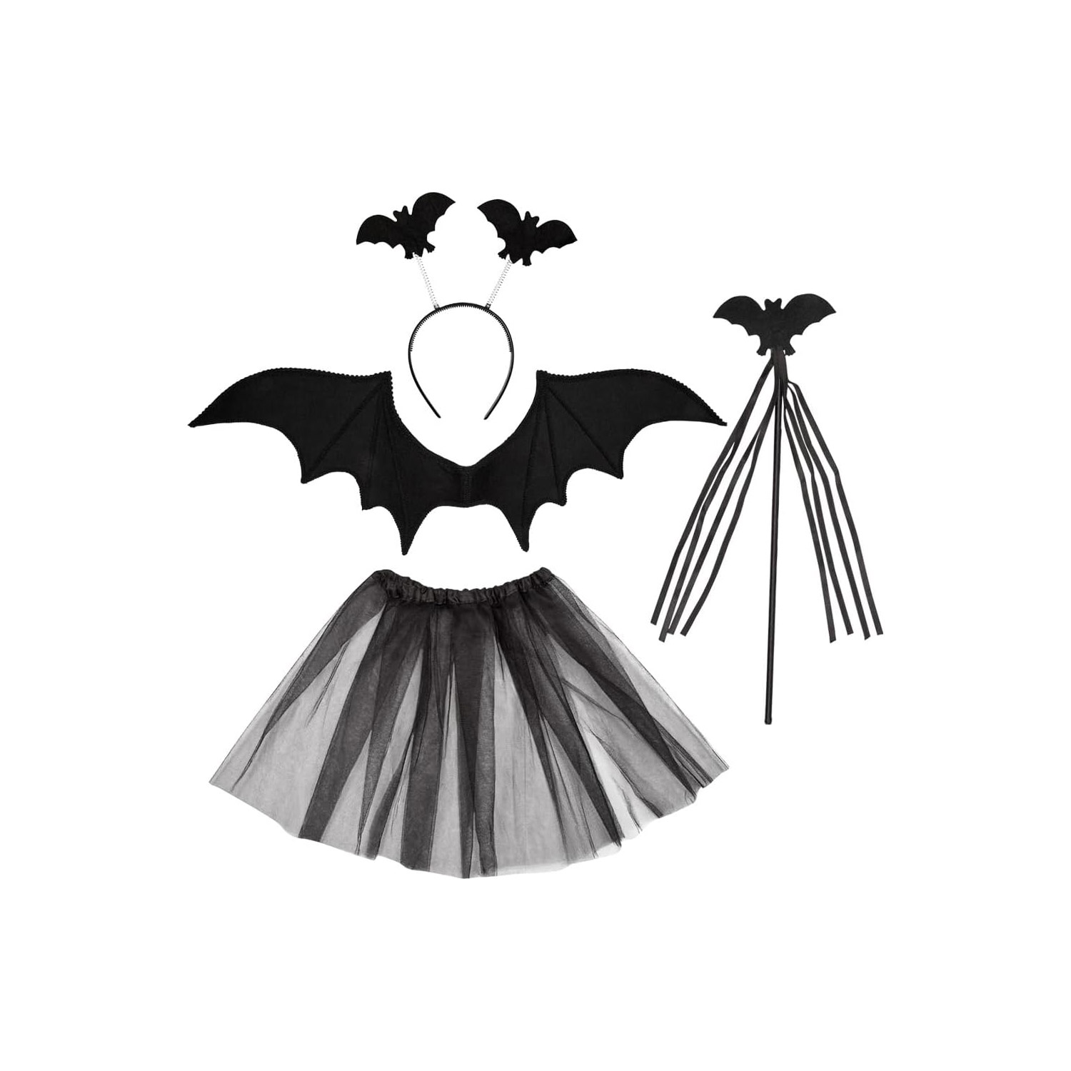 Costume Pipistrello Per Bambina: Gonna In Tulle, Ali, Bacchetta E Cerchietto - Kit Cosplay Halloween Nero