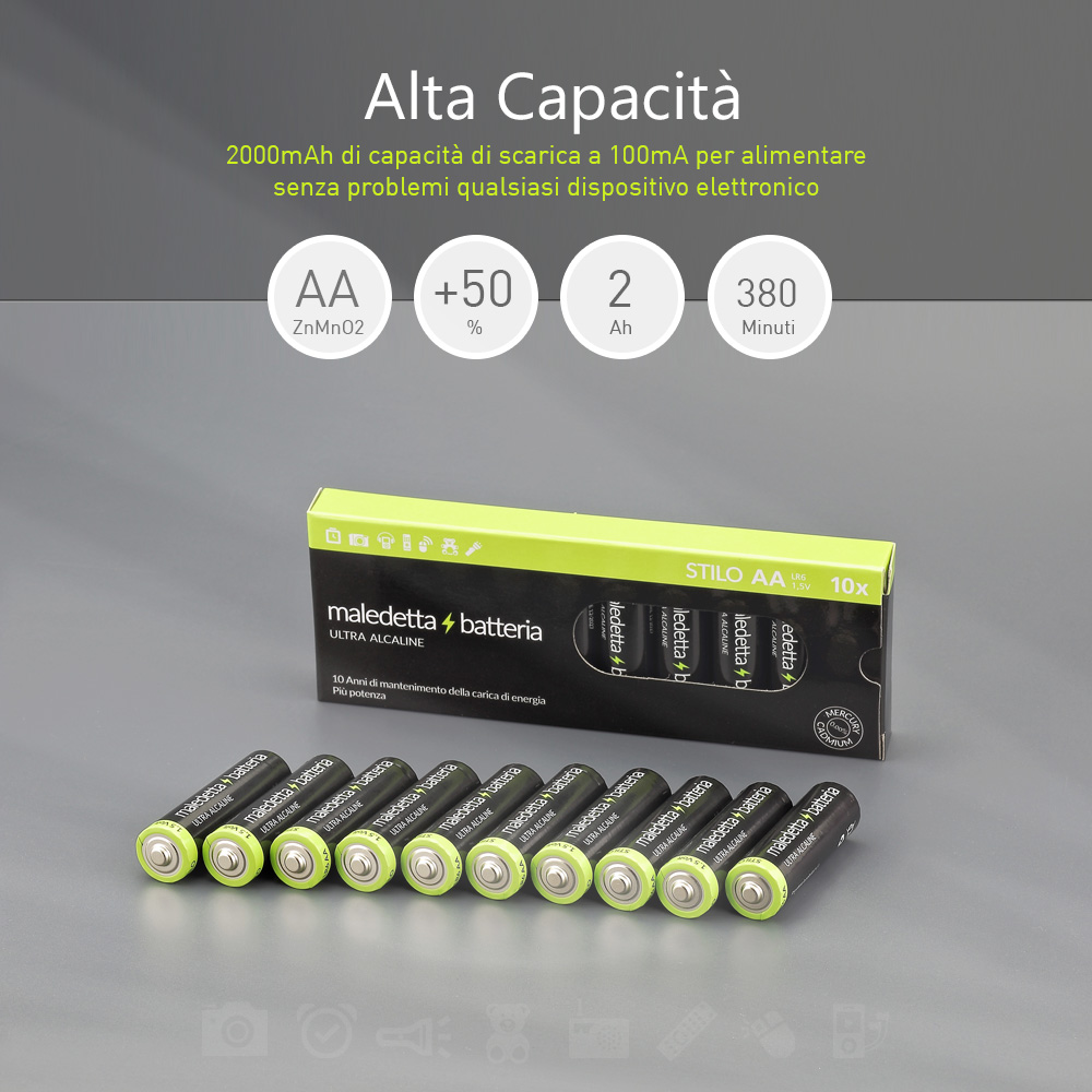 10 Pile Stilo AA LR6 Batterie MaledettaBatteria Alta Capacità Alcaline